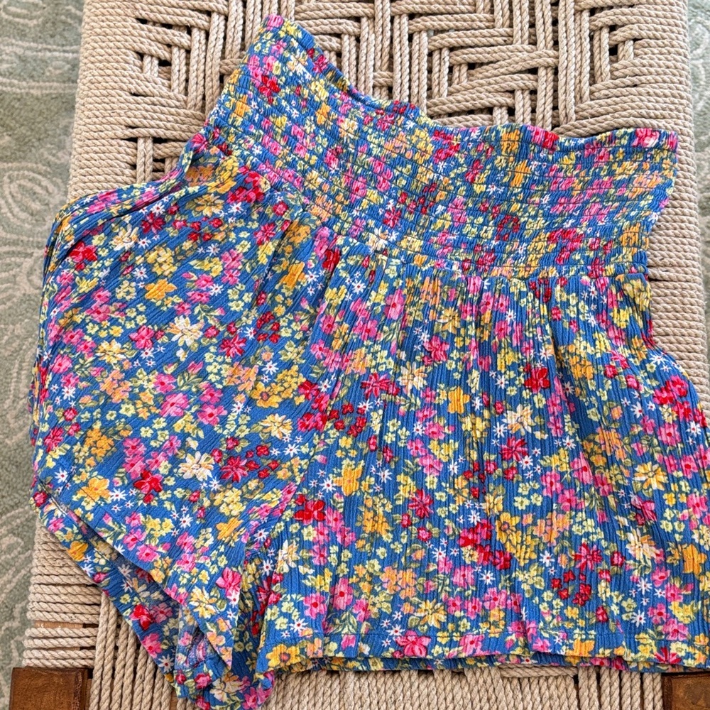 Billabong Blue Floral High-Waist Smocked Shorts with Pink & Yellow Flowers